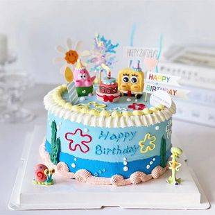 饰海绵宝宝蛋糕摆件摆件烘焙装 儿童生日蛋糕装 扮黄胖子粉胖子玩具