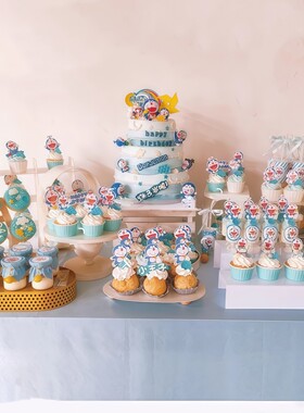 男孩生日蓝色甜品哆啦A梦主题甜品台宝宝周岁满月机器猫蛋糕插牌