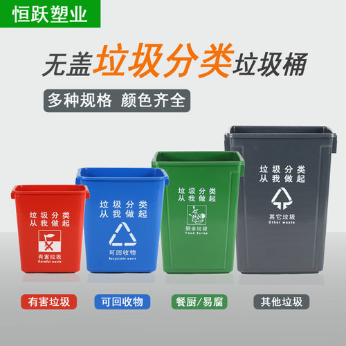 无盖四色分类垃圾桶带盖大号家用可回收厨房商用圾垃桶长方形户外 - 封面