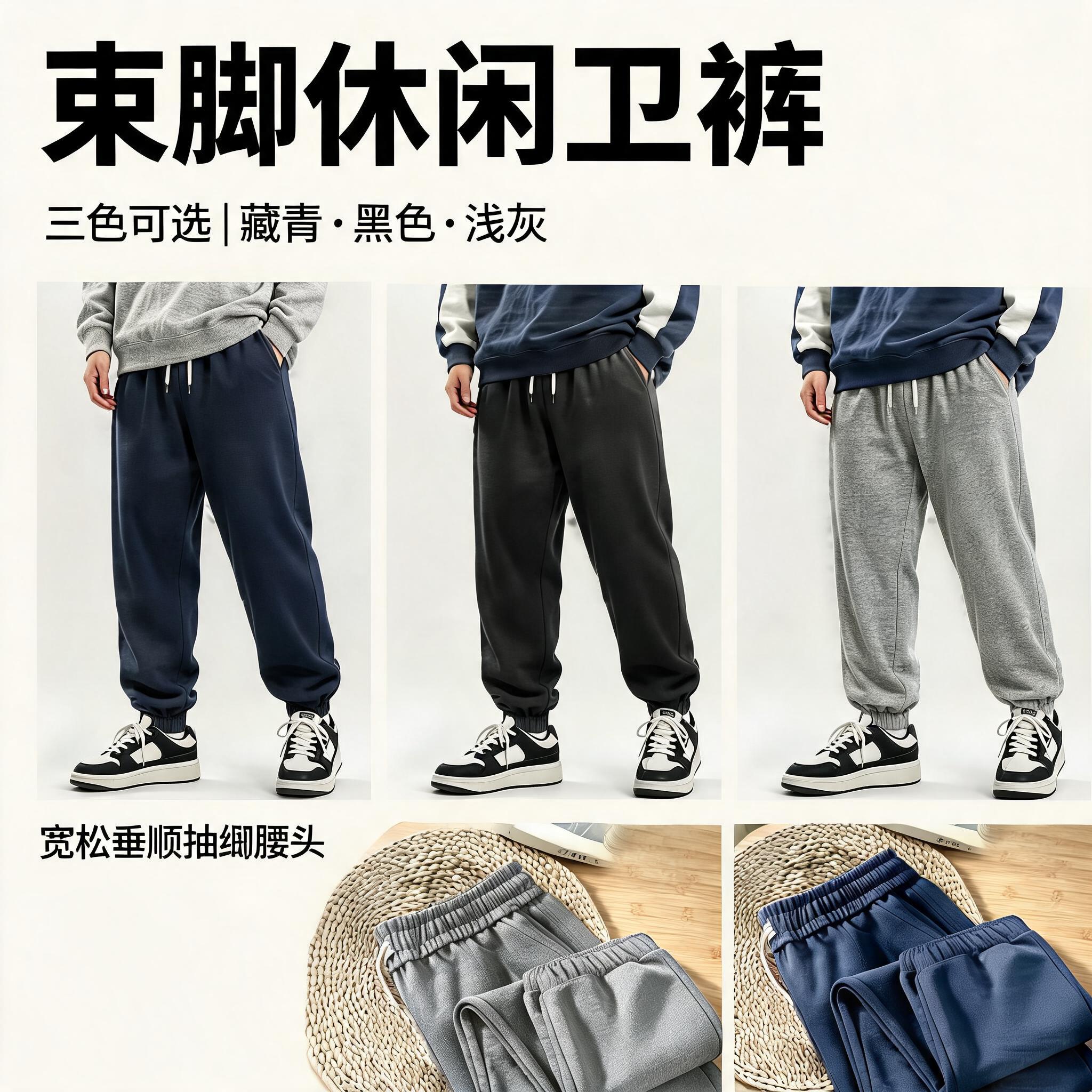 胖童春秋款休闲束脚裤男长裤宽松透气运动裤多色可选松紧腰带卫裤