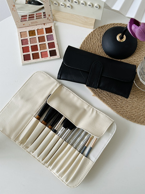 简约米白化妆刷包便携折叠卷袋