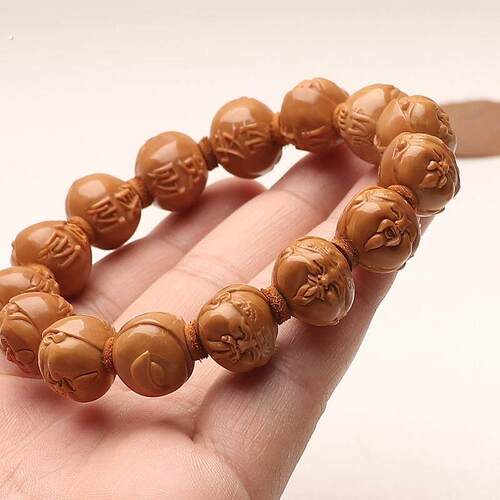 小籽铁核雕刻橄榄核发财地主头八大财神短圆手串文玩手錬刻字把件