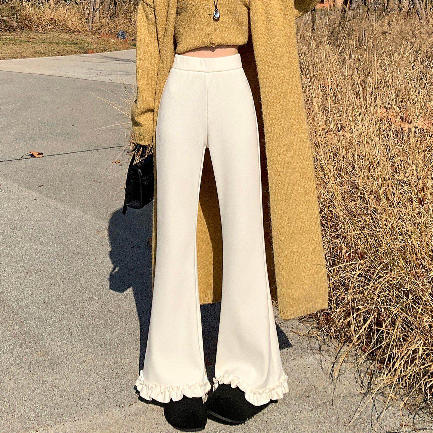 米白色毛呢木耳边微喇叭裤子女秋冬季加绒加厚高腰垂感拖地阔腿裤,女装/女士精品,休闲裤,淘宝优惠券,粉丝福利购,淘宝优惠卷