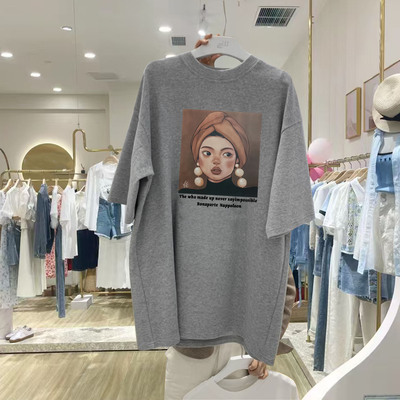 磨毛短袖t恤女休闲加厚款中长款