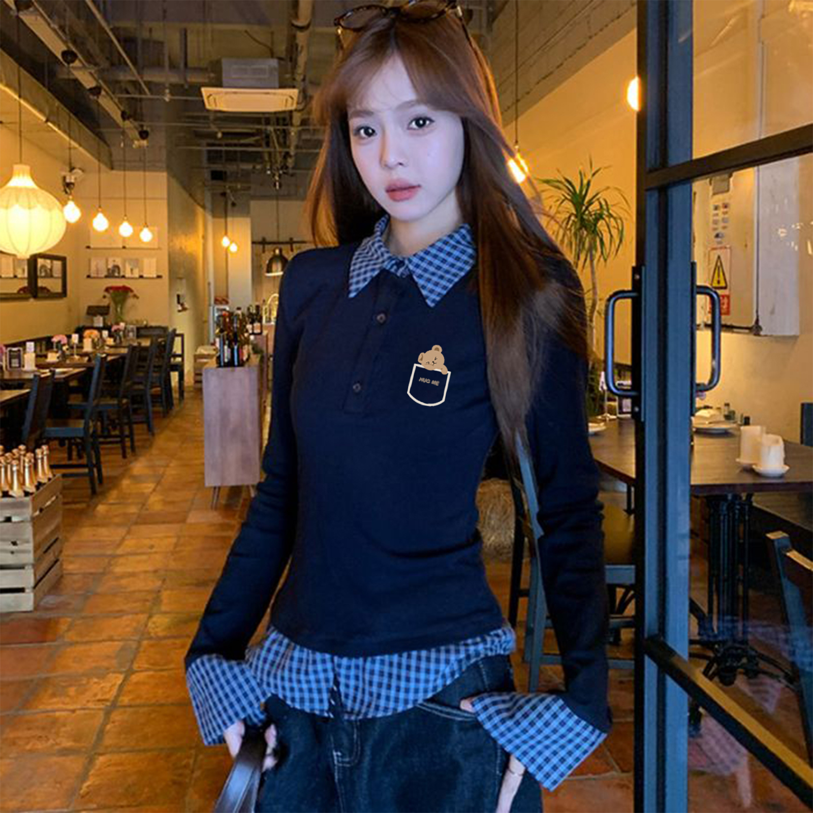 藏蓝polo领假两件打底衫女装早秋