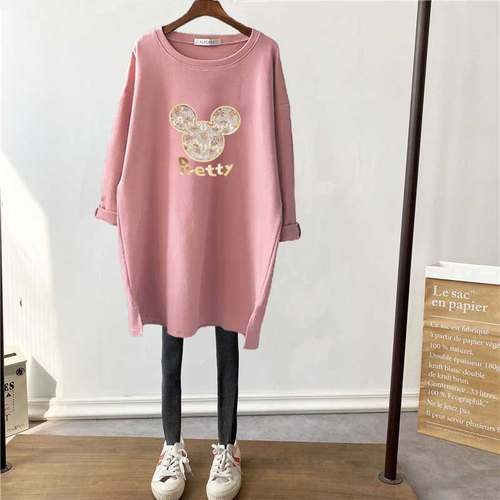 秋冬长袖洋气粉色加厚中长款打底