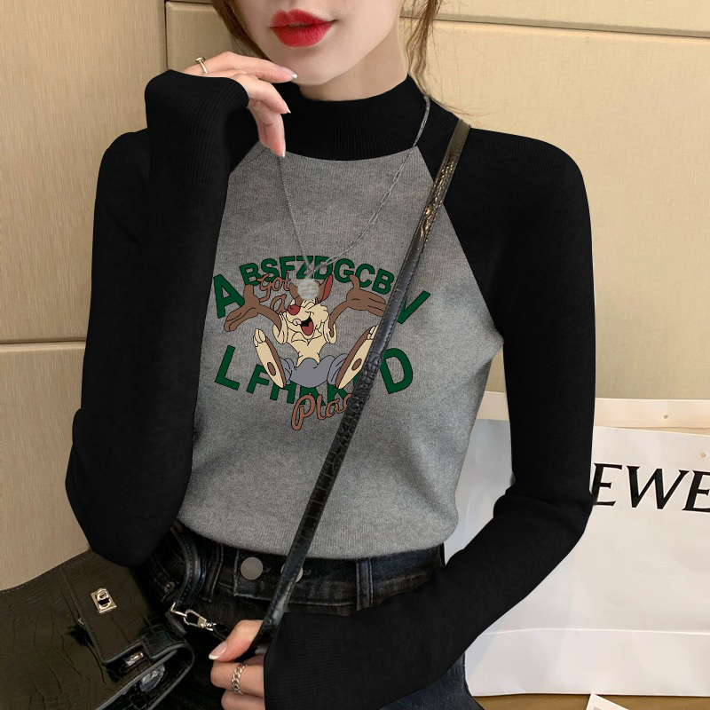 卡通风半高领插肩长袖德绒t恤女