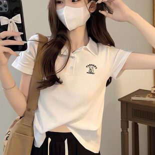 潮 翻领钮扣Polo衫 正肩短袖 T恤女修身 上衣百搭设计感小众别致夏季