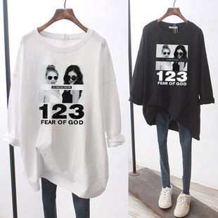 2026年早秋白色长袖t恤女宽松韩版中长款百搭打底衫圆领薄款上衣