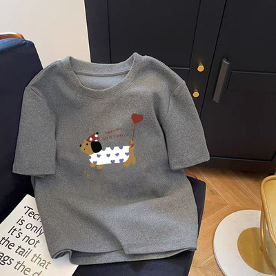 磨毛正肩短袖T恤女圆领纯棉厚款