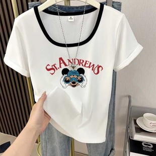 上衣ins百搭潮夏卡通动漫印花 2025新款 纯棉方领短袖 T恤女韩版 半袖
