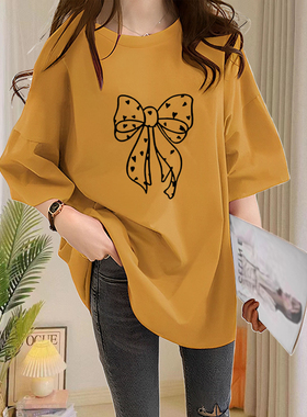 搭配鲨鱼裤纯棉圆领短袖t恤女中长款宽松休闲大码黄色上衣夏季
