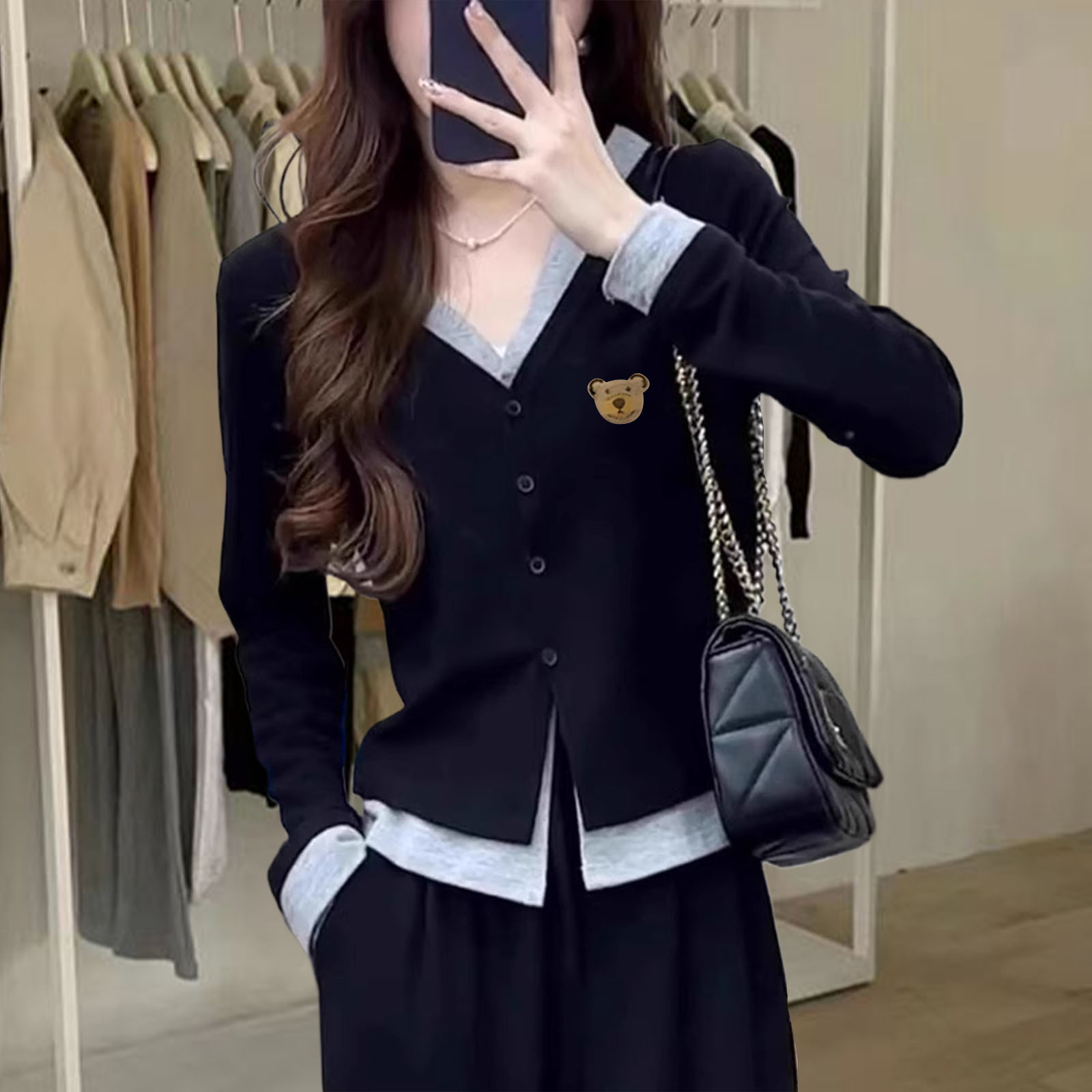假两件V领长袖T恤女时尚针织开衫