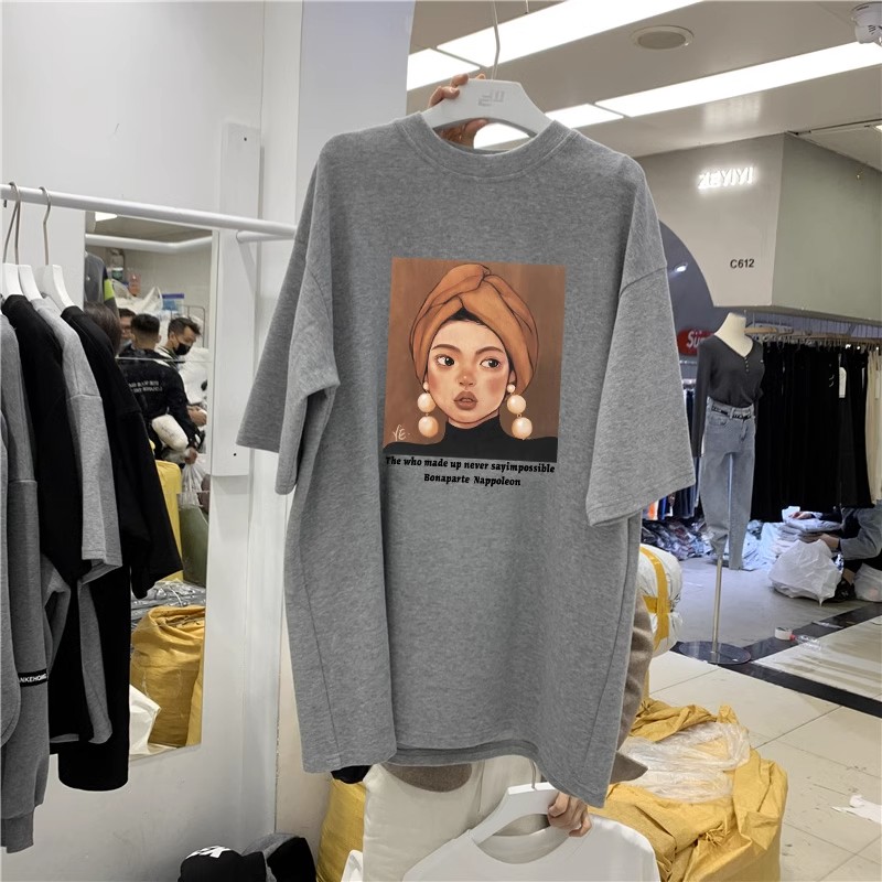 2025新款纯棉磨毛短袖t恤女韩版宽松中长款百搭加厚上衣春夏秋冬