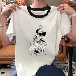 纯棉短袖 圆领减龄上衣 拼接插色正肩T恤女直筒版 型百搭显瘦打底衫