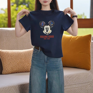 正肩纯棉短袖 春夏秋 t恤女2025新款 舒适百搭洋气藏青色上衣打底衫