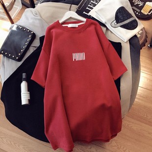 磨毛短袖t恤女中长款宽松时尚百搭半袖大码洋红色上衣加厚打底衫