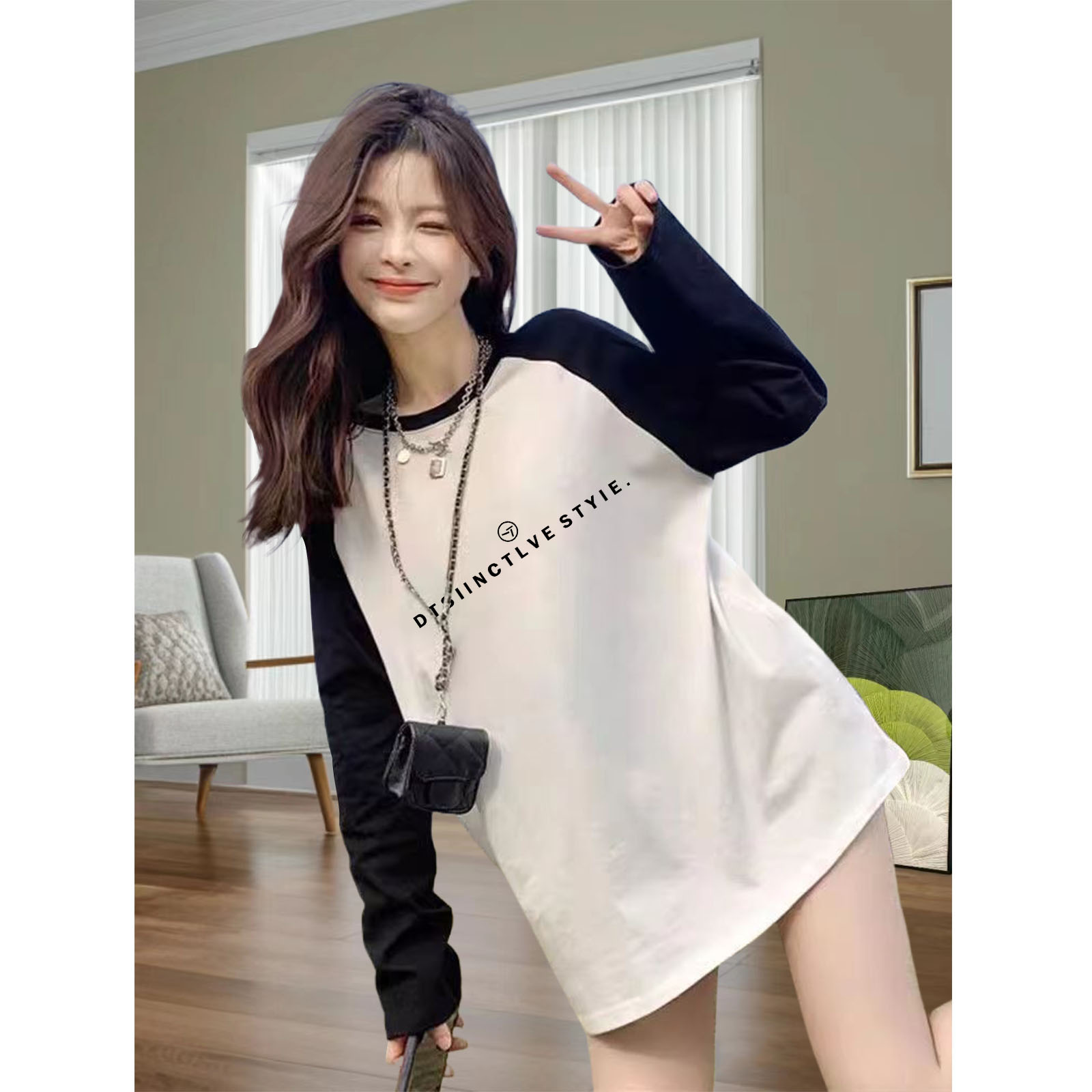 长袖撞色中长款加厚宽松大码磨毛