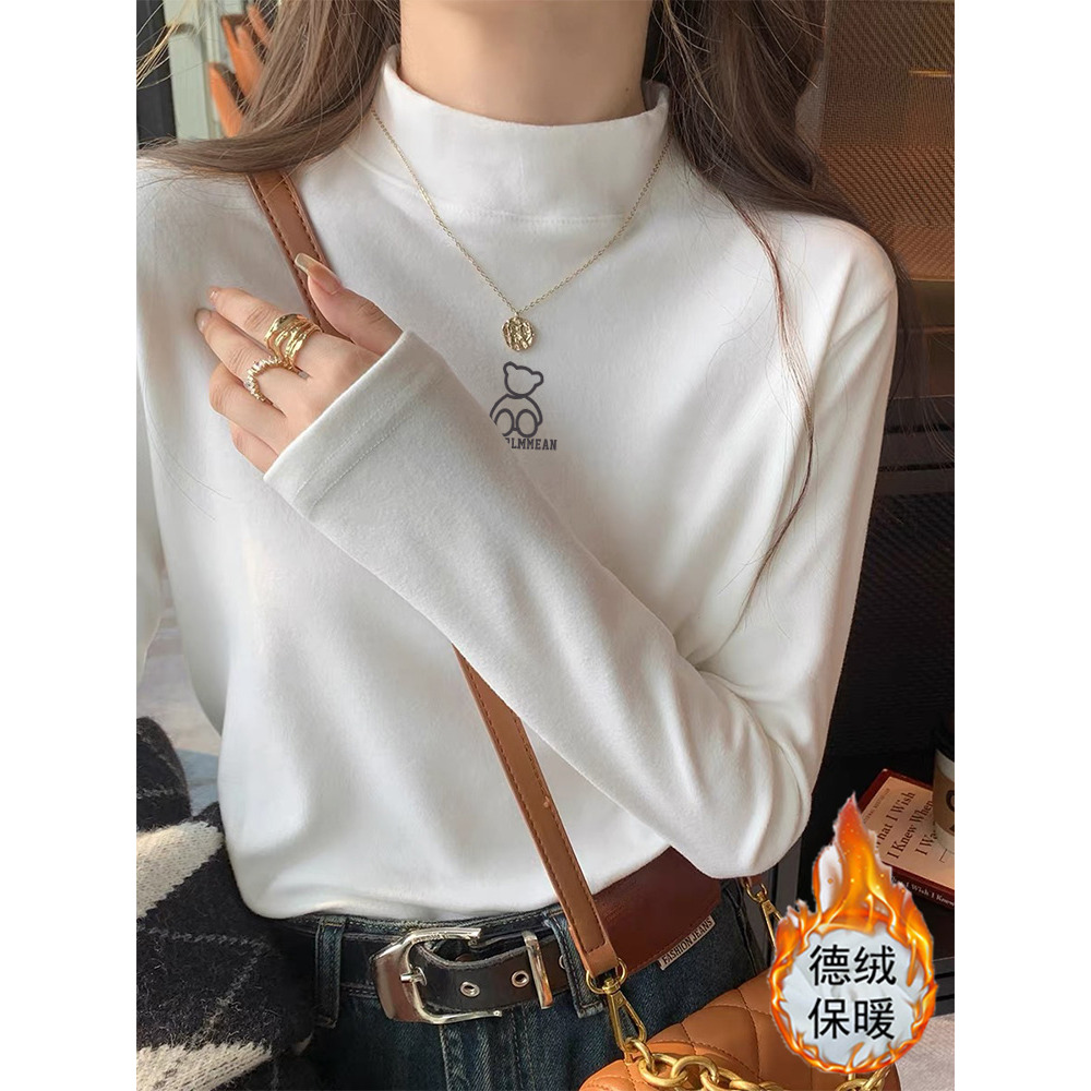 德绒长袖T恤女白色保暖气质显瘦