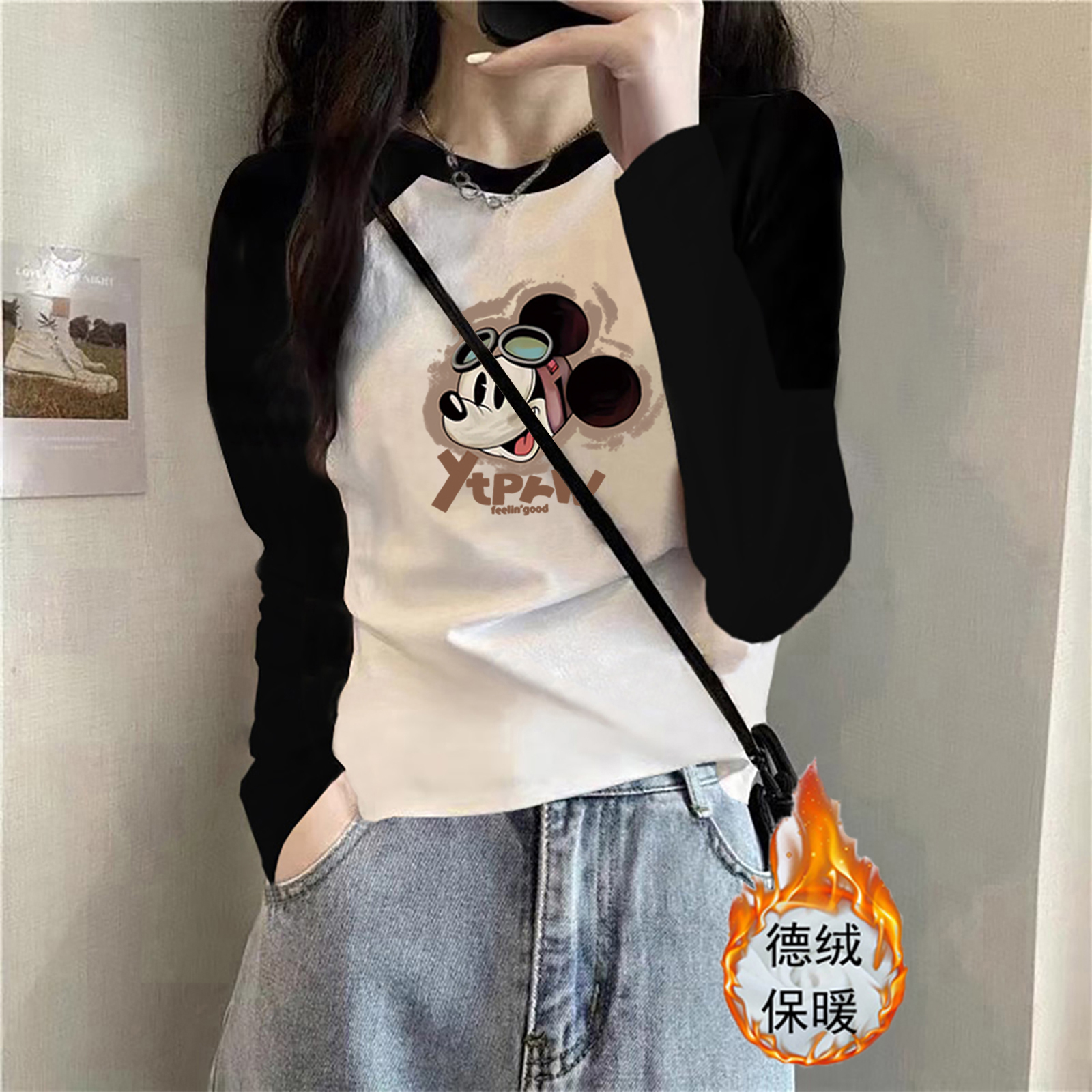 小众卡通印花撞色插肩袖长袖T恤