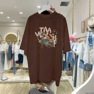 中长款磨毛宽松短袖t恤女时尚咖啡色上衣打底衫加厚款春秋冬季潮