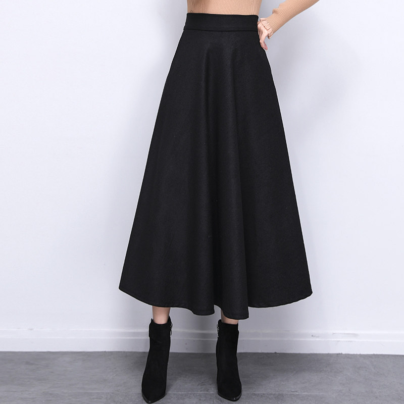 高级感半身裙秋冬新a字裙长裙松紧腰黑色高腰大摆毛呢冬季裙子女