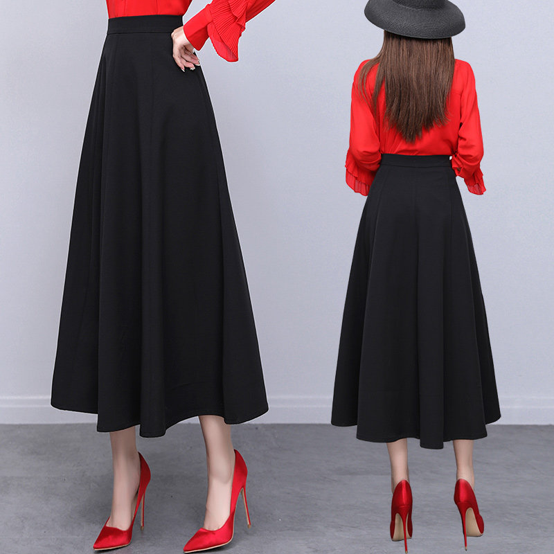 秋季半身裙子新款高腰a字裙伞裙黑色半身裙秋冬女垂感大摆长裙潮