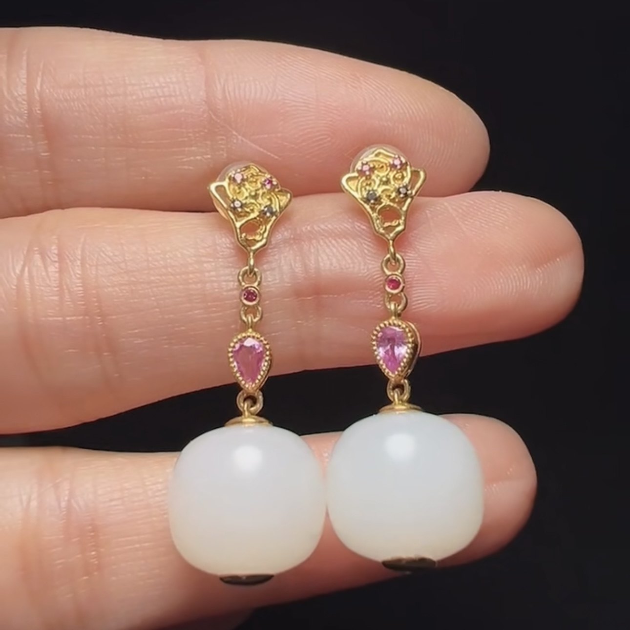 新疆和田玉白玉籽料18k金粉钻镶嵌耳坠老型珠耳环11*12mm珠子