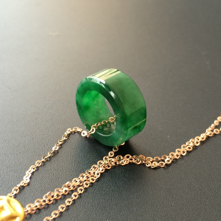 天然A货翡翠18K玫瑰金镶玉翡翠平安扣转运吊坠满绿翡翠百搭项链