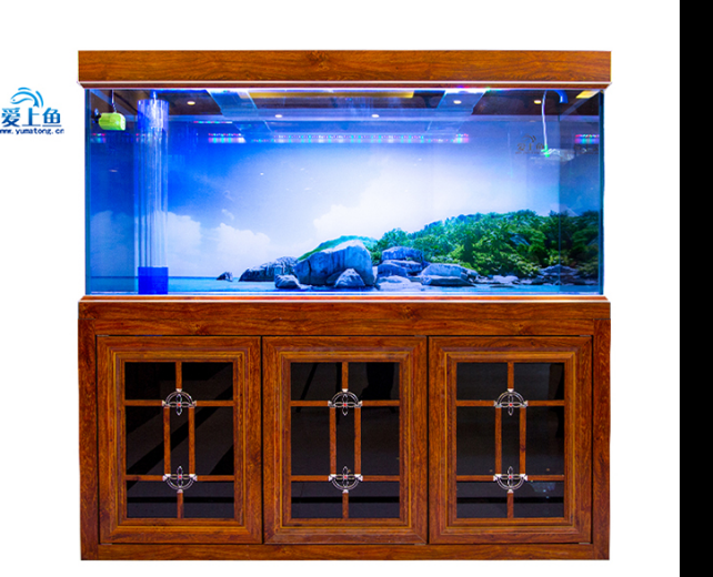 爱上鱼中大型水族箱客厅商场办公室全铝木纹超白玻璃底滤观赏鱼缸