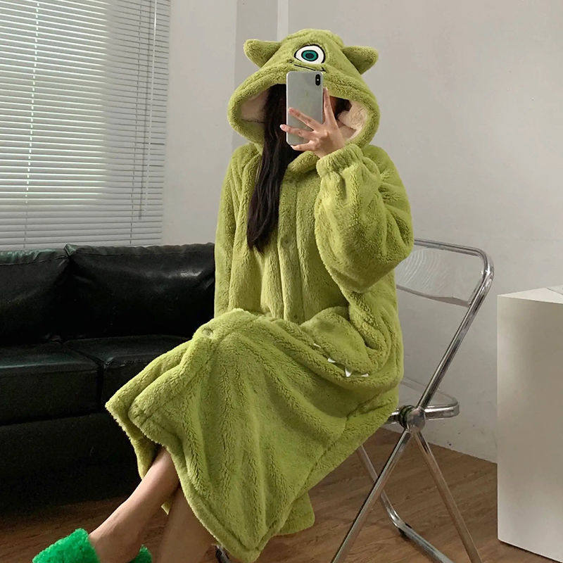 CORAL VELVET PAJAMAS WOMENS AUTUMN AND WINTER THICKENED WARM LONG DRESSING GOWNS INTERNET CELEBRITY CUTE CARTOON BATHROBE BIG EYES BOY SET