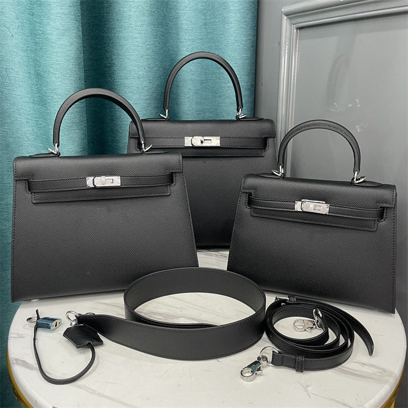 手掌纹EP头层牛皮宽肩带外缝凯莉银扣手提女包单肩斜跨包两根肩带