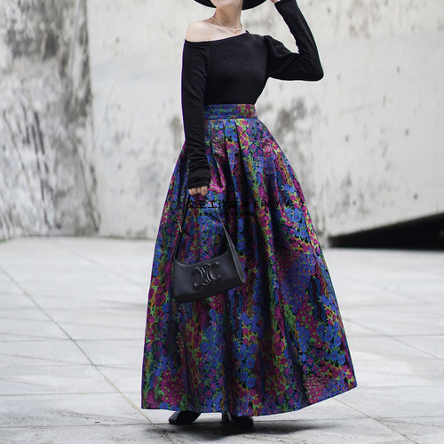 文亚花海轻奢超长提花织花伞裙蓬蓬裙高腰赫本轻奢半身裙女装拉链