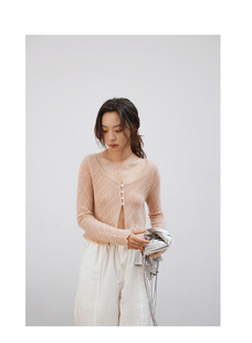 FN爱与南希2024春季新款低圆领亲肤木耳边法式镂空开衫毛衣41144