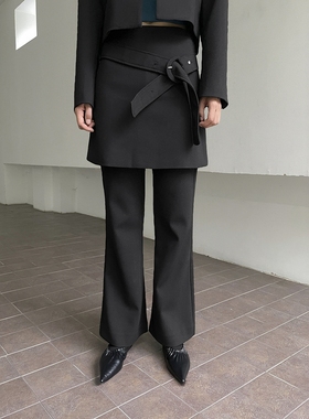 FN爱与南希2025秋季轻奢纯色高腰阳离子修身真两件微喇裙裤02902