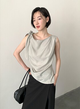 FN法式设计感不规则飘带天丝小衫