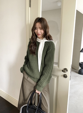 广州十三行2025冬季韩系圆领个性镂空菱格宽松保暖长袖毛衣04061