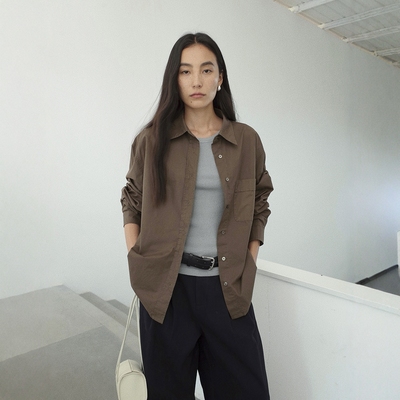 简约时尚纯色修身纯棉长袖衬衫女