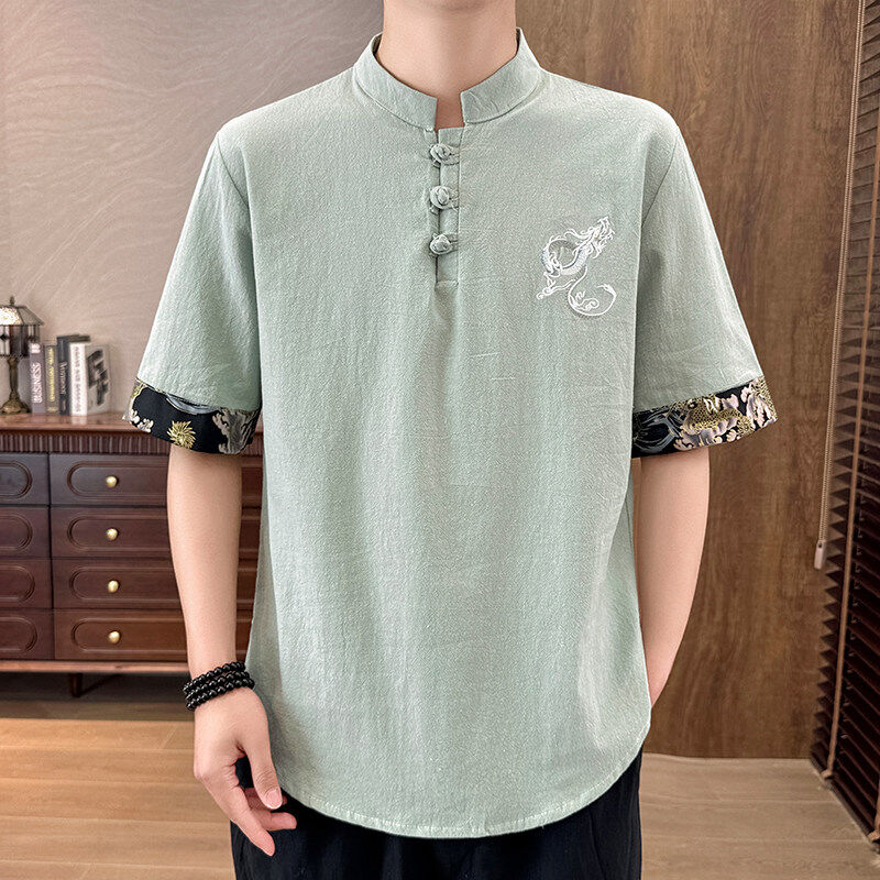 中式亚麻短袖t恤男复古汉服棉麻刺绣中国风宽松大码五分袖上衣