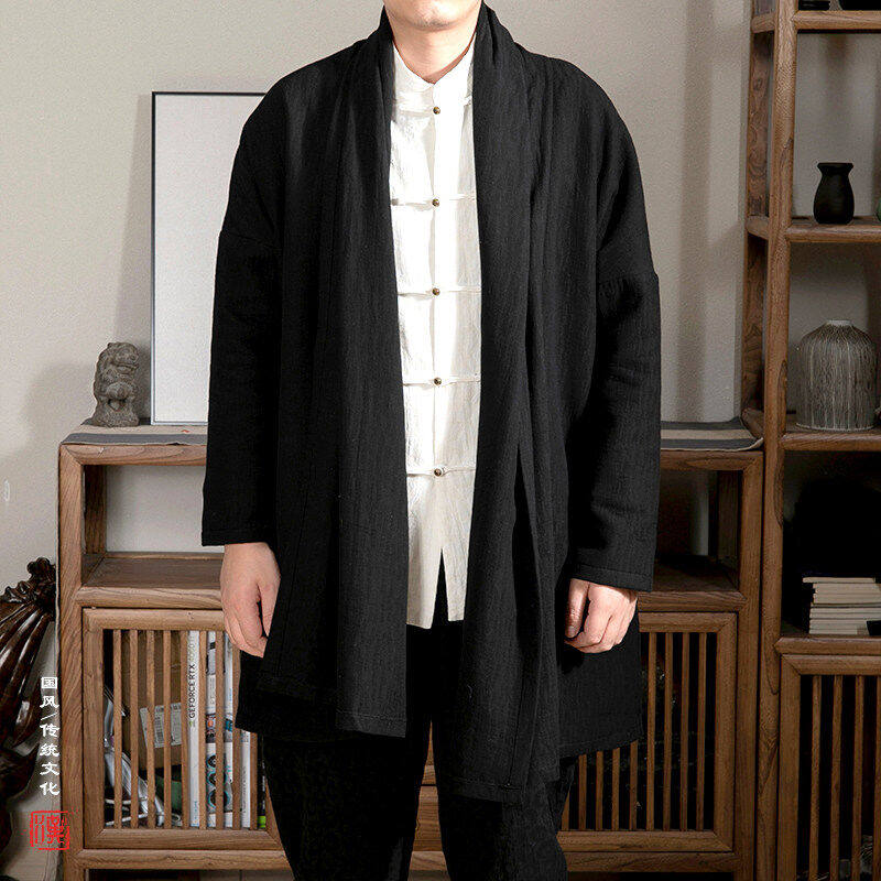 中国风男装中长款男士披风外套棉服加绒加厚冬季汉服加厚开衫道袍