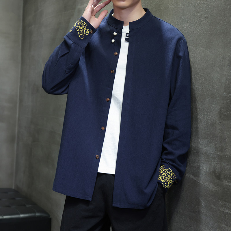 中国风男装年轻人唐装男款衬衫外套2025新款新中式刺绣长袖衬衣男