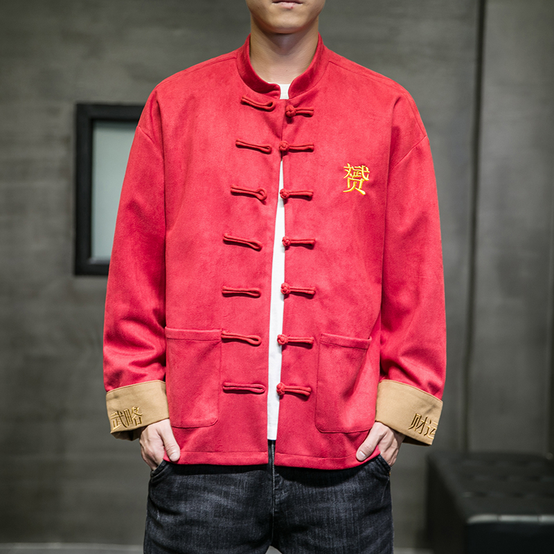 中国风鹿皮绒夹克衫男士春秋季盘扣唐装外套宽松休闲中山装上衣男