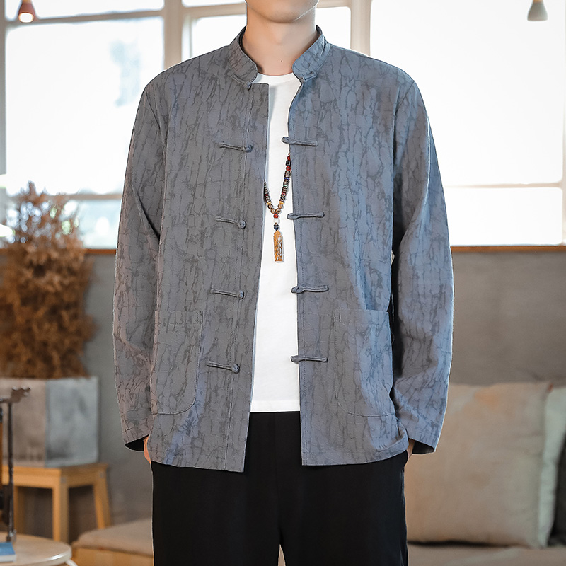 秋季唐装男青年民族风棉麻衬衫中国风盘扣外套中式茶服亚麻中山装