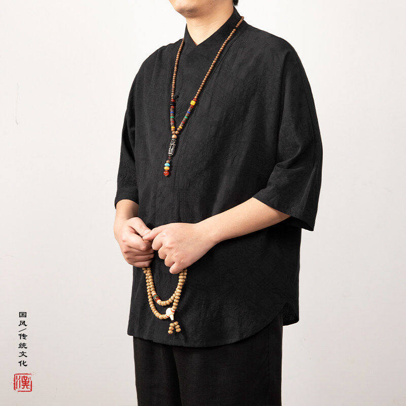 春季亚麻汉服男中国风立领长袖衬衫复古风盘扣休闲唐装棉麻茶服