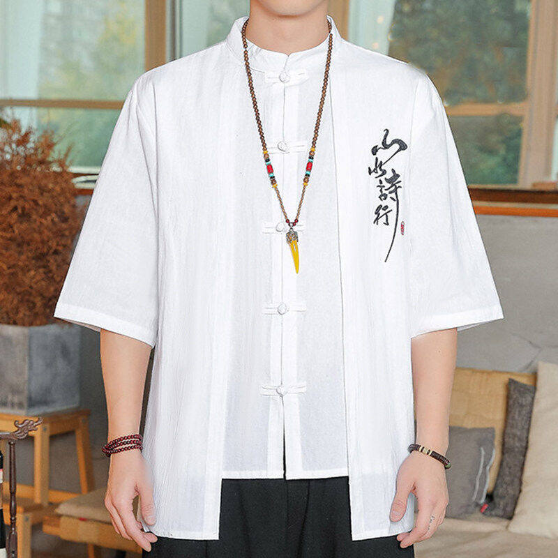 中式唐装假两件衬衫男短袖夏季中国风刺绣立领衬衣大码盘扣茶禅服