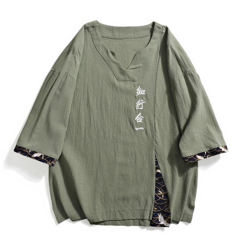 新中式男装国风七分袖T恤夏季V领刺绣薄款短袖宽松大码拼接上衣服