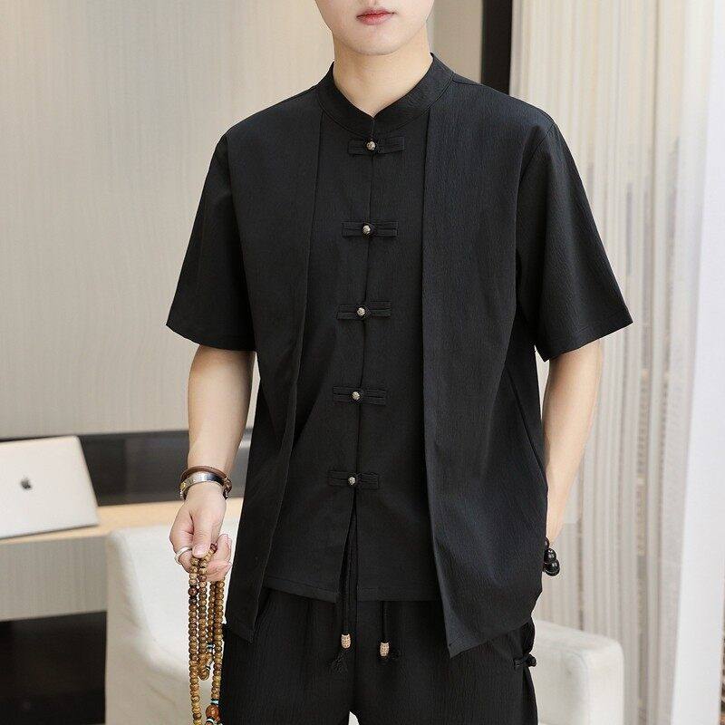 中国风短袖T恤套装男假两件国潮盘扣绣花棉麻两件一套新中式立领t