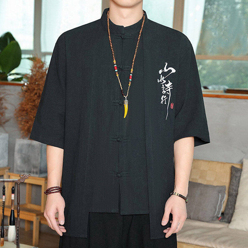 新中式古装设计感亚麻t恤男夏季中国风刺绣唐装汉服大码棉麻短袖