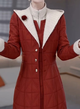 夹棉保暖红色连衣裙棉衣外套两件套2025冬季新款收腰显瘦薄款套装