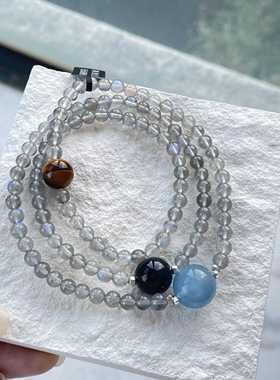 【高货】天然灰月光石海蓝宝虎眼石灰色彩色水晶男女情侣手串手链